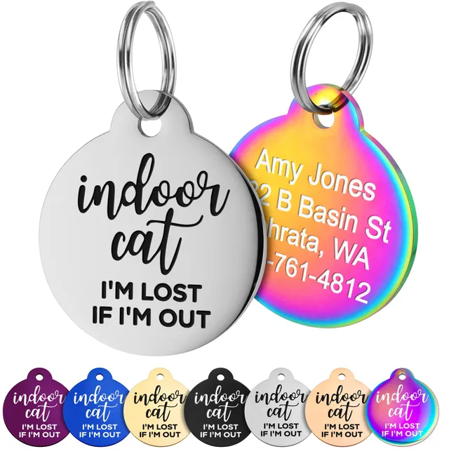 gotags-indoor-cat-id-tag-stainless-steel-with-indoor-cat-i-m-lost-design-7-color image 1