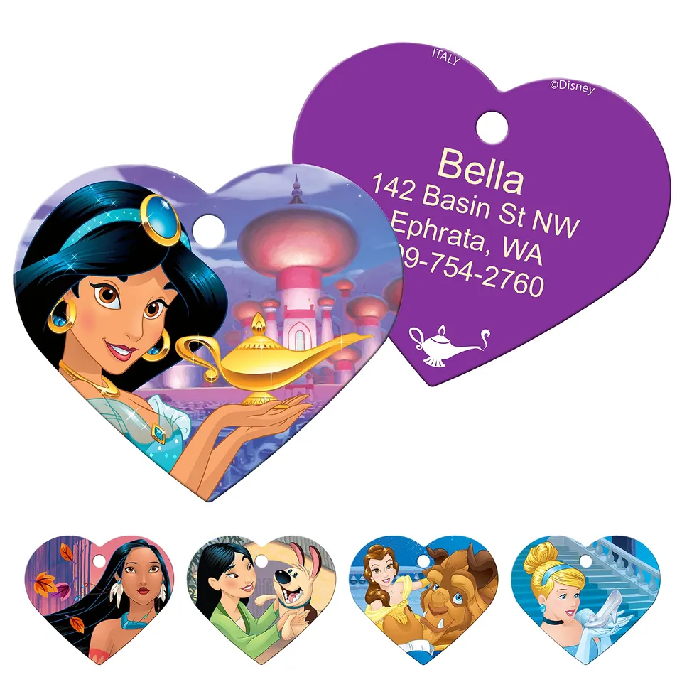 gotags-disney-princess-pet-id-tag-solid-brass-heart-shaped-personalized image 1