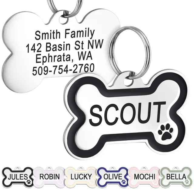 gotags-bone-dog-id-tag-with-enamel-paw-print-personalized-double-sided-engraving image 1