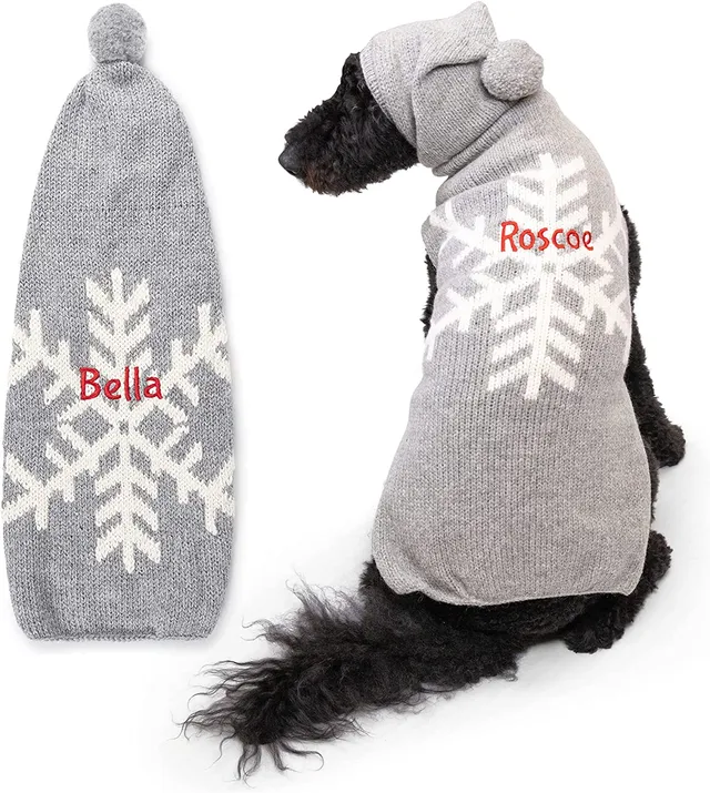 gotags-snowflake-dog-sweater-with-hood-personalized-alpaca-wool-hand-knit-pompom image 1