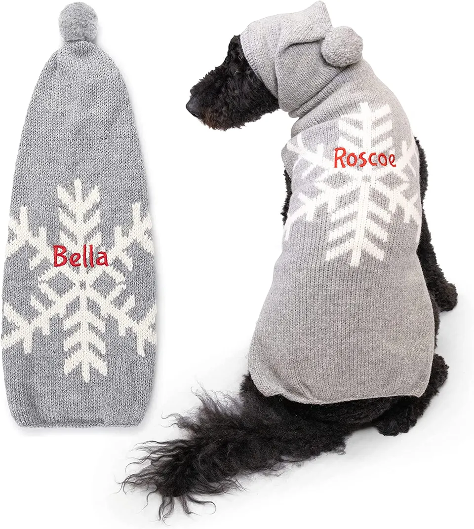 gotags-snowflake-dog-sweater-with-hood-personalized-alpaca-wool-hand-knit-pompom image 1