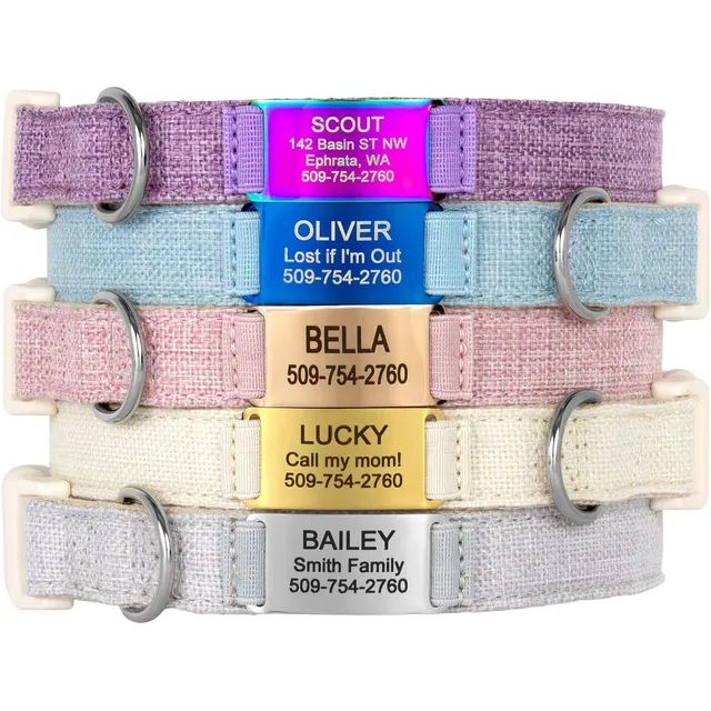 gotags-cotton-hemp-dog-collar-with-slide-on-silent-id-tag-personalized image 1