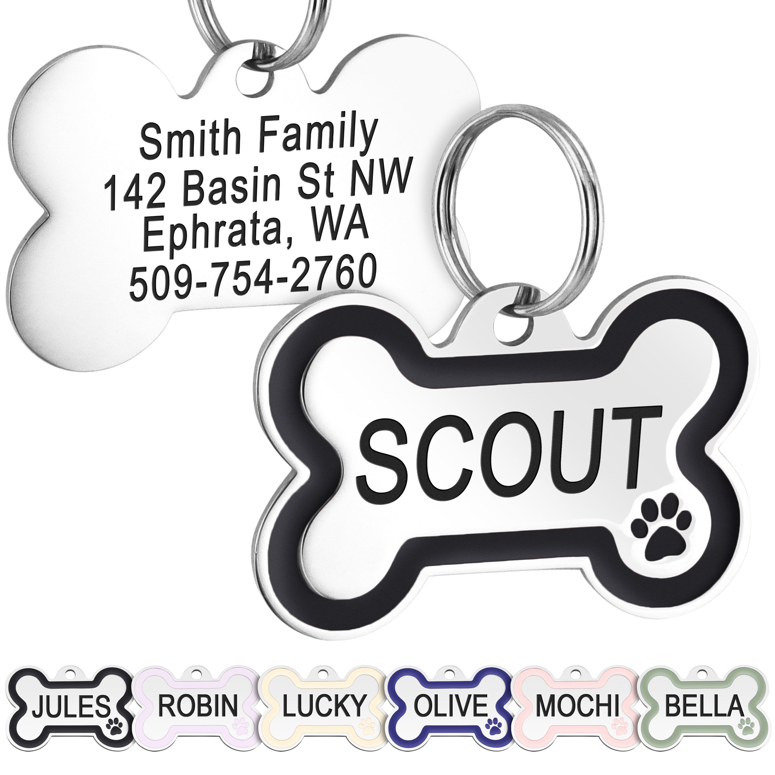 gotags-bone-dog-id-tag-with-enamel-paw-print-personalized-double-sided-engraving image 1